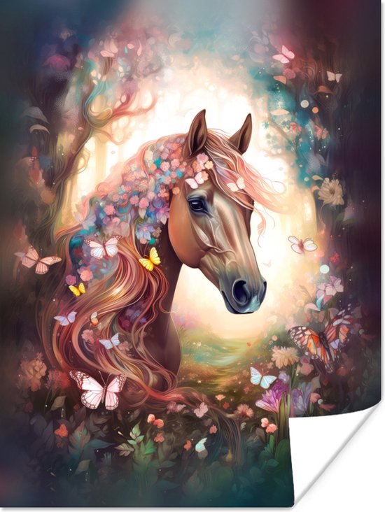 Poster Paard - Natuur - Bloemen - Vlinders - Bos - 30x40 cm