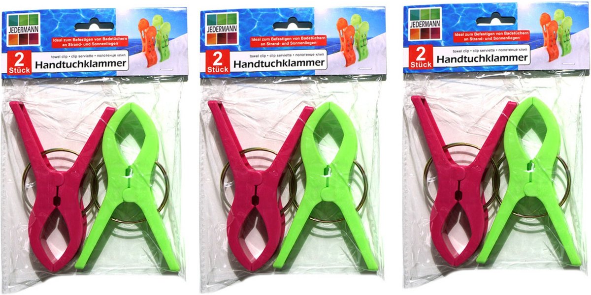 Goedkoopste Jedermann Handdoekknijpers XL - 6x - groen/roze - kunststof - 12 cm - wasknijpers