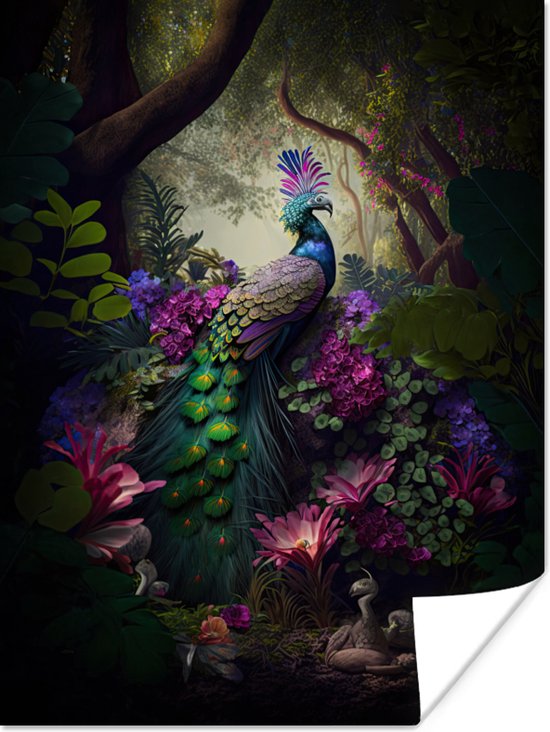 Poster Pauw - Jungle - Bloemen - Natuur - 60x80 cm