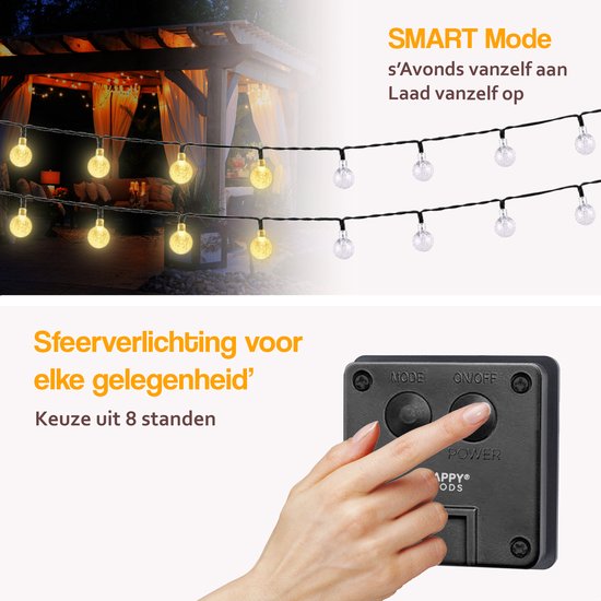 Lichtsnoer van Happy Goods met ronde, heldere lampjes. Zonnepaneel met knoppen en aanduidingsfoto.