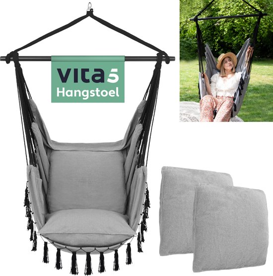 Vita5 XXL Hangstoel | Binnen&Buiten Hangnest | Incl. 2 Kussens en Boekenvak | Volwassenen&Kinderen | Hangmatstoel tot 200kg | Grijs met Ophangsysteem
