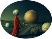 Dibond Ovaal - Vrouw met Aarde op Hoofd Lopend langs andere Planeten - 96x72 cm Foto op Ovaal (Met Ophangsysteem)