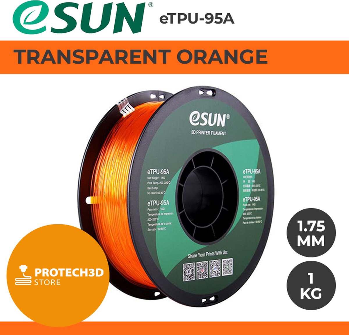 eSun - eTPU-95A Filament, 1.75mm, Transparent Orange - 1kg