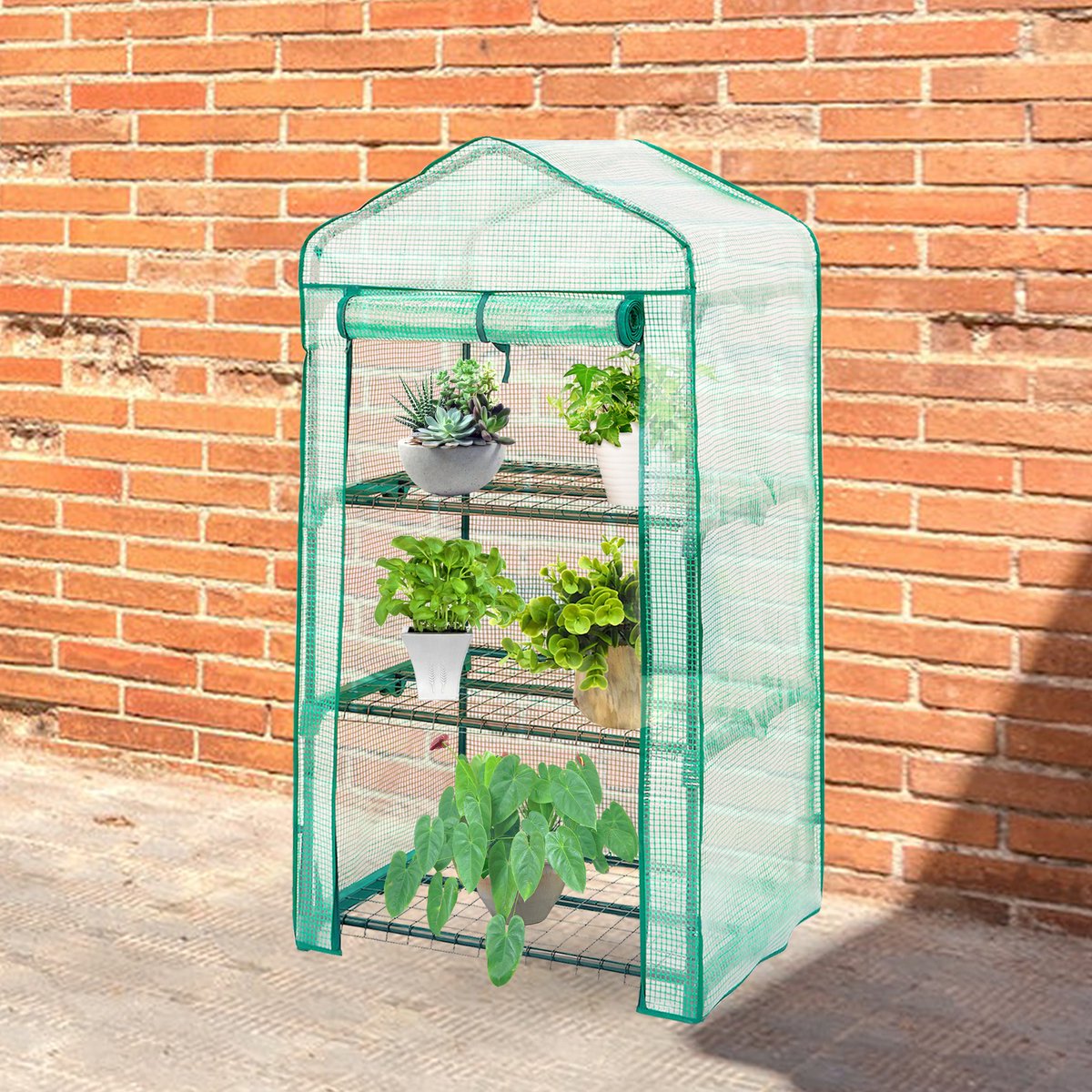Lendo Online Tuinkas met 3 etages en PE waterdichte hoes met 4 wielen 69x49x130cm staal groen - Broeikas met stalen plantenhouders - Kas - Serre - Kweekkas - Foliekas - Groentekas - Tomatenkas
