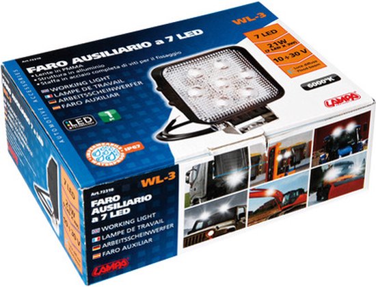 Verpakking van een TCP WL-3 werklamp met een afbeelding van de lamp en verschillende voertuigen.