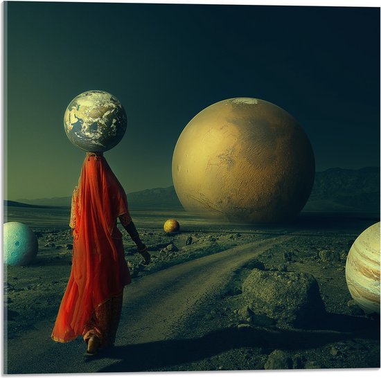 Acrylglas - Vrouw met Aarde op Hoofd Lopend langs andere Planeten - 50x50 cm Foto op Acrylglas (Wanddecoratie op Acrylaat)