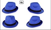 4x Festival hoed blauw met zwarte band - Strohoedje - Toppers - Hoofddeksel hoed festival thema feest feest party