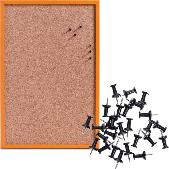 Tableau d'affichage avec 25x punaises noires - 40 x 60 cm - orange - liège