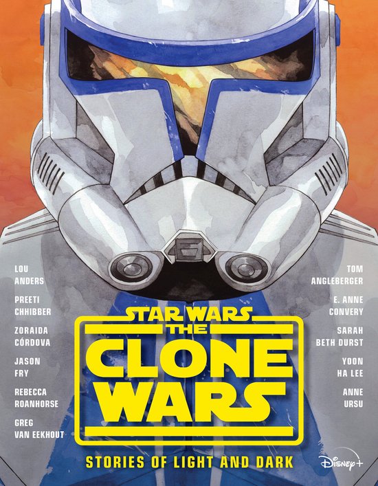 Boekomslag met een close-up van een Star Wars Clone Trooper helm, met de titel "Star Wars The Clone Wars: Stories of Light and Dark".