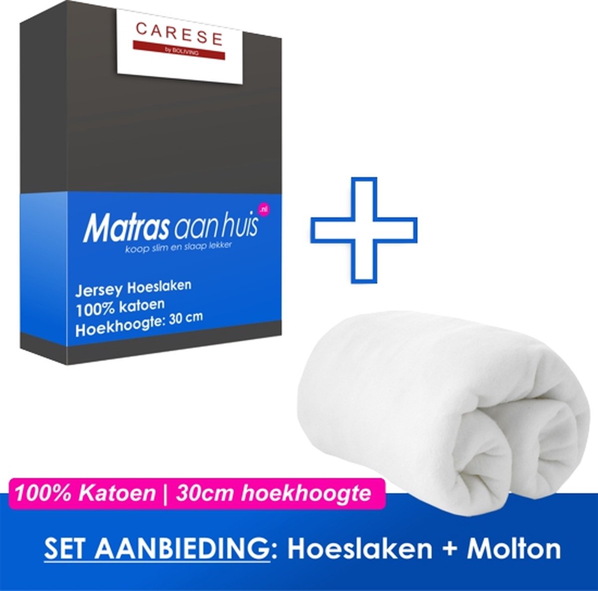 SETAANBIEDING Hoeslaken en Molton - 140x210/220x30 cm - 100% katoen - kleur antraciet