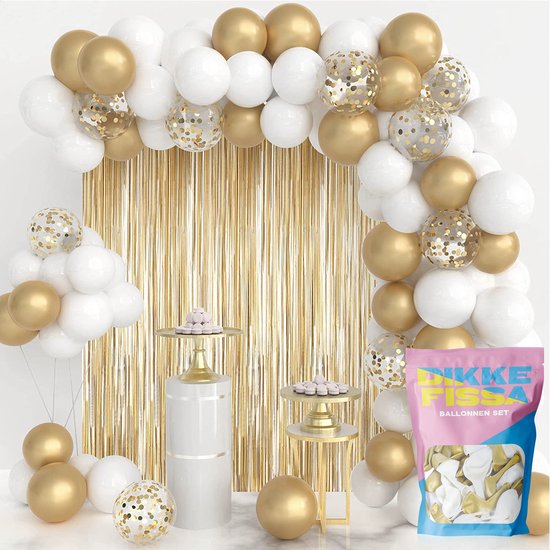 Dikke Fissa® 70 stuks Goud & Wit Helium Ballonnen met Lint – Verjaardag Versiering Decoratie – Papieren Confetti – Latex