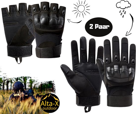Alta-X - 2 paires - Set de gants Airsoft noir - Army Glove - Gant long et sans doigts Gant tactique
