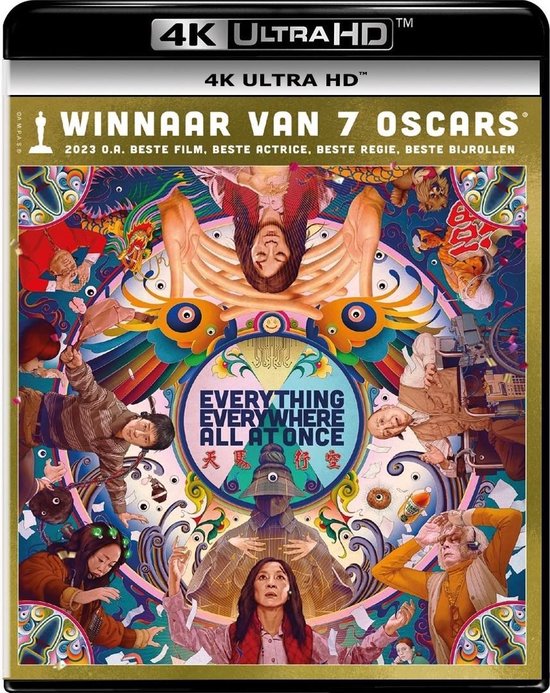De 4K Ultra HD Blu-ray cover van 'Everything Everywhere All At Once', met de titel en winnaar van 7 Oscars-informatie.