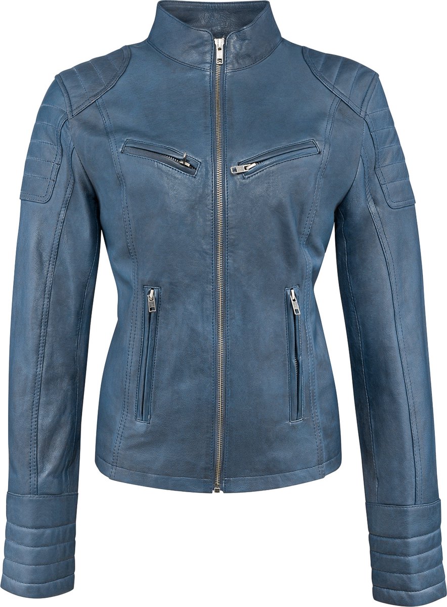 Urban 5884® - Angelina - Damesjas -Biker Model - Lams Leer - Soepel - Blauw - Getailleerd - Maat L