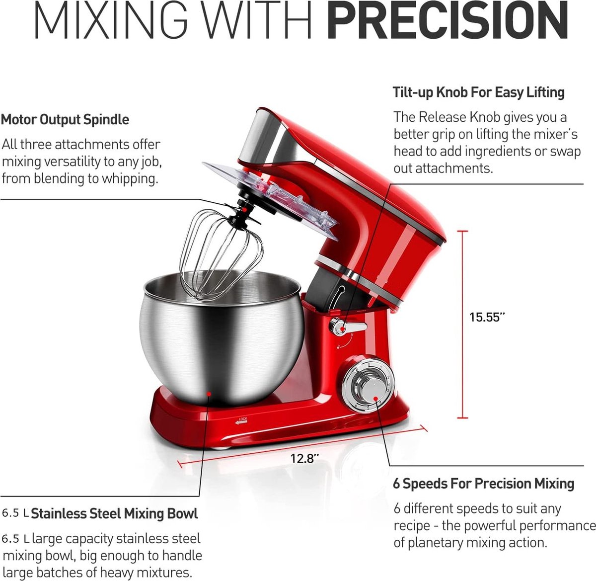 Royalty Line® PKM1900BG 3 in 1 Keukenmachine - 6.5 L Keukenrobot - 1900W Foodprocessor - Keukenmixer Met Blender & Vleesmolen - Rood — afbeelding 7