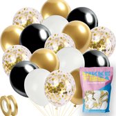 Épais Fissa® 60 pièces Ballons à l'hélium Goud, Zwart et Wit avec ruban - Décoration de bordure - Confettis en papier - Latex