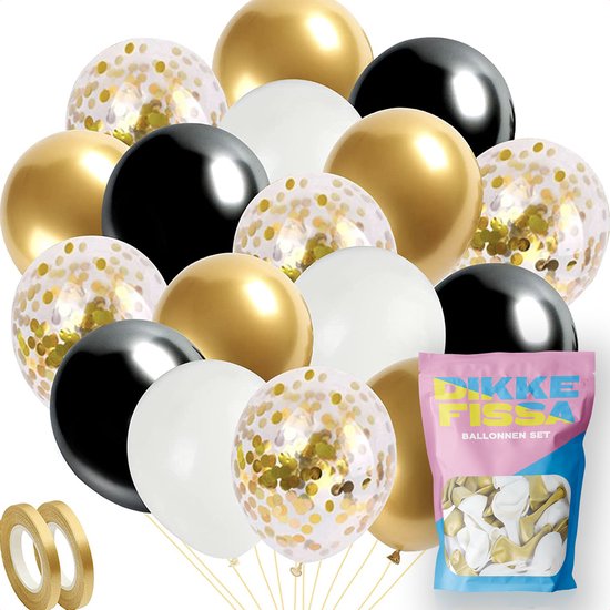 Dikke Fissa® 60 stuks Goud, Zwart & Wit Helium Ballonnen met Lint – Versiering Decoratie – Papieren Confetti – Latex