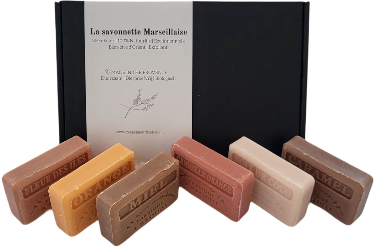 Goedkoopste Soap bar cadeauset savon de marseille zeep Caramel, Honing, Kokos, Kaneel sinaasappel, Fleur de iles, Sinaasappel - Brievenbuscadeau