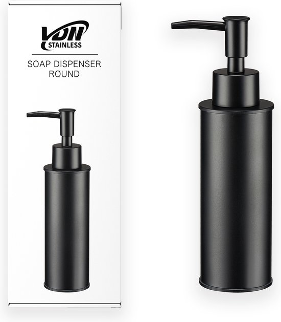Matzwarte, cilindervormige zeeppomp met pompje en verpakking met logo 'VDN Stainless' en tekst 'SOAP DISPENSER ROUND'.