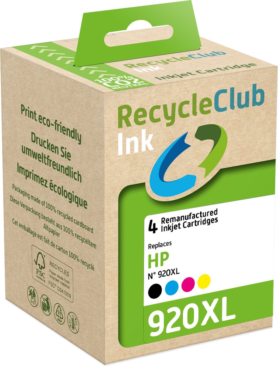 RecycleClub inktcartridge - Inktpatroon - Geschikt voor HP - Alternatief voor HP 920XL Zwart 48ml en Cyan Blauw 12ml Magenta Rood 12ml Yellow Geel 12ml - 4-pack