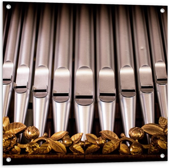Tuinposter – Close-up van Pijpen van Draaiorgel - 80x80 cm Foto op Tuinposter (wanddecoratie voor buiten en binnen)