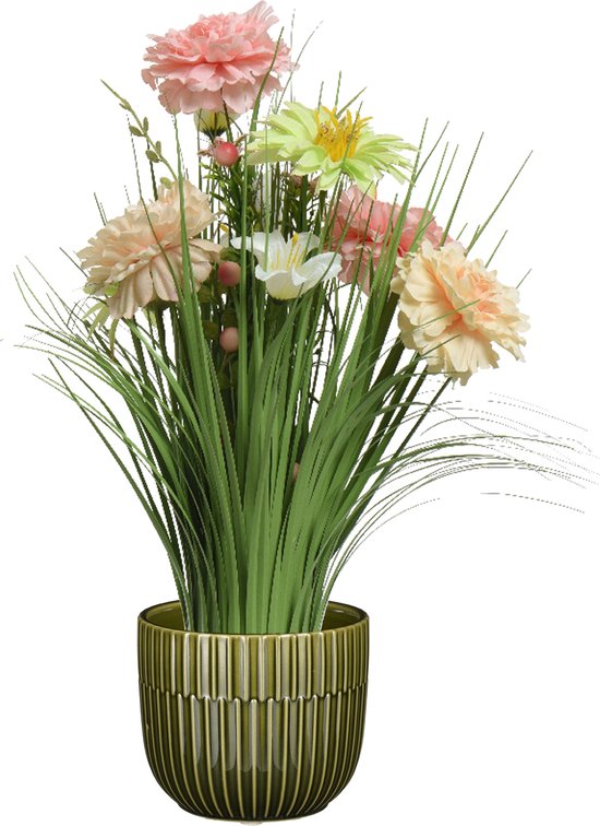 Kunstbloemen boeket roze - in pot groen - keramiek - H40 cm