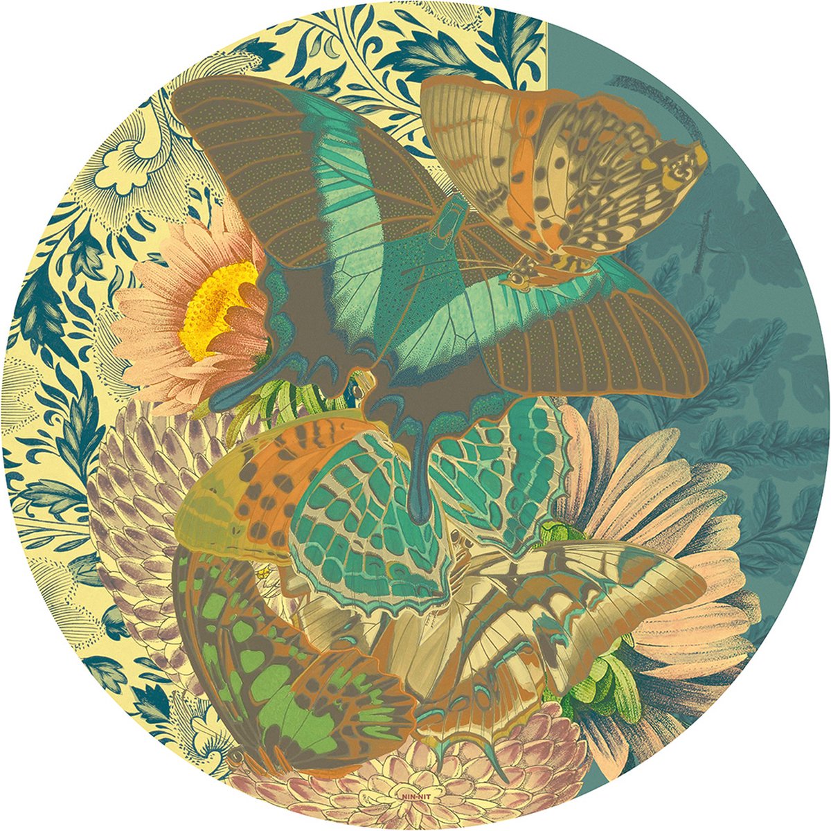 NIN-NIT - Butterflies Wall-art - Wandcirkel - muurcirkel - Ø60 cm - dibond - aluminium - botanisch - bohemian - eclectisch - vlinders - blauw - roze - bloemen - natuurprint - multicolor