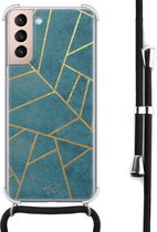 Hoesje met koord geschikt voor Samsung Galaxy S21 - Abstract blauw - Inclusief zwart koord - Crossbody beschermhoes - Transparant, Blauw - Mooie Telefoonhoesjes