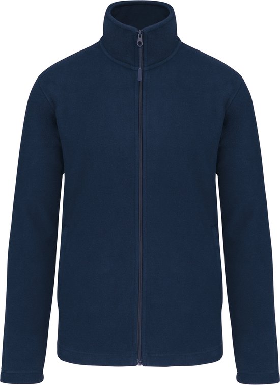 Veste bleu marine en micro-polaire à manches longues et zip complet, vue de face.