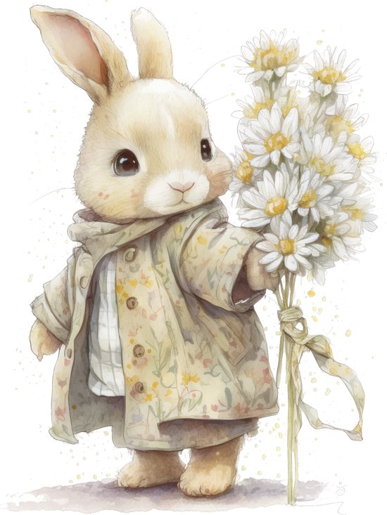 Affiche poster lapin fleur, aquarelle chambre bébé : par