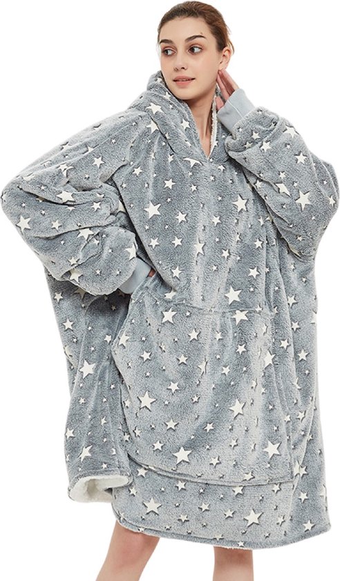 Fleece deken met mouwen en capuchon – Oversized hoodie deken met mouwen – Fleece deken – Fleece TV deken – Plaid met mouwen – Warm & zacht – hoodie blanket - Fleece poncho - Knuffelen – Lichtgevend – sterrenprint - Badrock