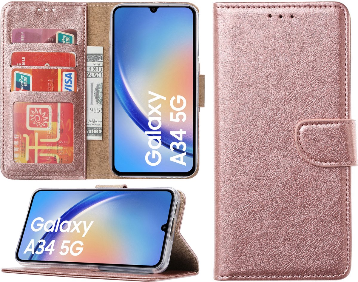 Arara Hoesje geschikt voor Samsung Galaxy A34 hoesje - Bookcase met pasjeshouder - Rosegoud