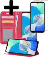 Hoesje Geschikt voor Samsung A14 Hoesje Book Case Hoes Wallet Cover Met Screenprotector - Hoes Geschikt voor Samsung Galaxy A14 Hoesje Bookcase Hoes - Donkerroze