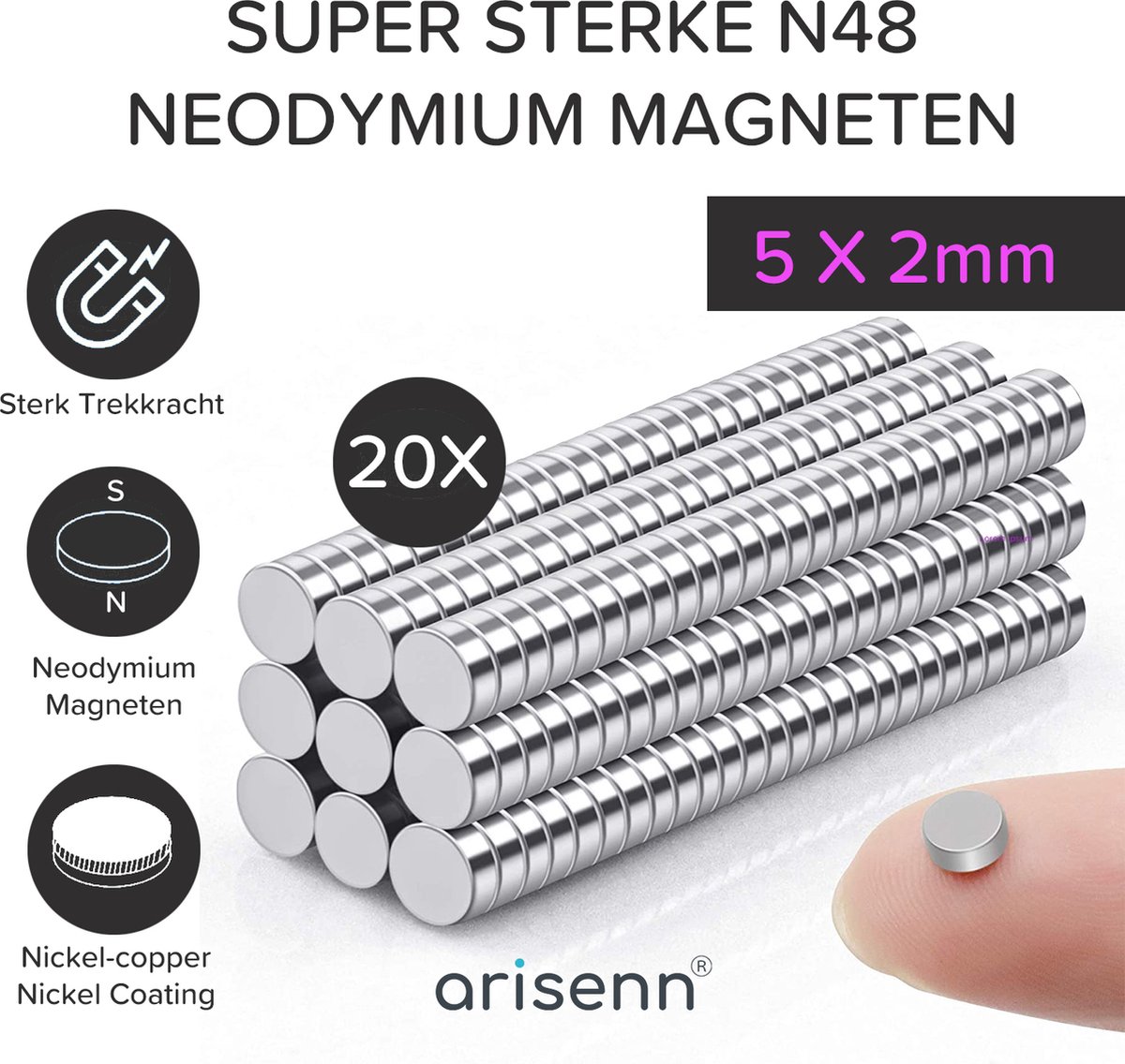 20 stuks Arisenn® N48 Neodymium Magnet 5x2mm - Sterkste Magneet op de Markt! - met 0.55 kg houdkracht