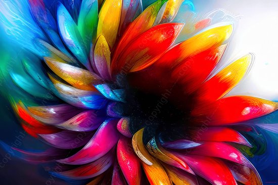 JJ-Art (Canvas) 90x60 | Bloem in felle kleuren - kleurrijk - geschilderde stijl - abstracte kunst - woonkamer - slaapkamer | plant, natuur, rood, geel, blauw, groen, modern | Foto-Schilderij print (wanddecoratie) | KIES JE MAAT