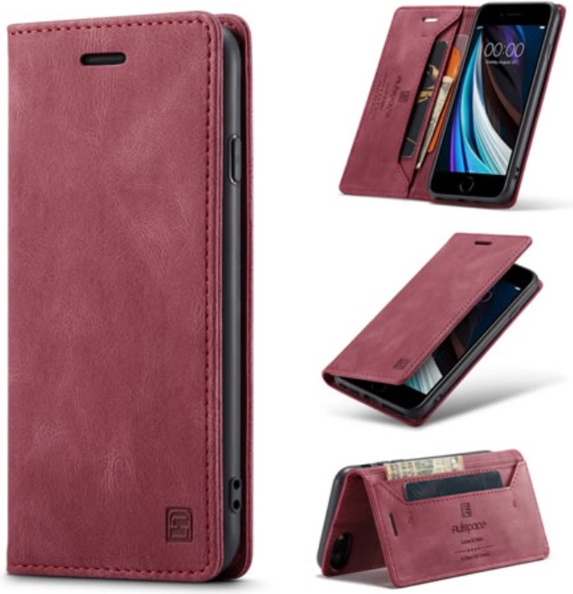 Luxe Flip Case met RFID Bescherming Kaarthouder en Magneetsluiting voor iPhone 6/7/8/SE2020/SE2022 _Wijnrood