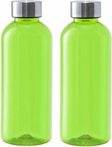 Kunststof waterfles/drinkfles/sportfles - 2x - groen transparant - met RVS dop - 600 ml