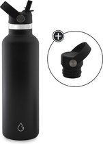 GO eco waterfles RVS zwart 710 ml - extra dop met rietje - drinkfles - thermosfles - sport