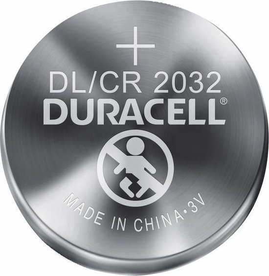 Duracell DL/CR 2032 knoopcelbatterij, 3V, 'Made in China'.