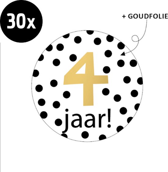 30x Sluitsticker Hoera 4 jaar! | GOUDFOLIE | 40 mm | Traktatiesticker Hoera | Cadeausticker | Sluitzegel | Sluitsticker | Traktatie - Verjaardag - Feest | Sticker 4e verjaardag | Kinder traktatie