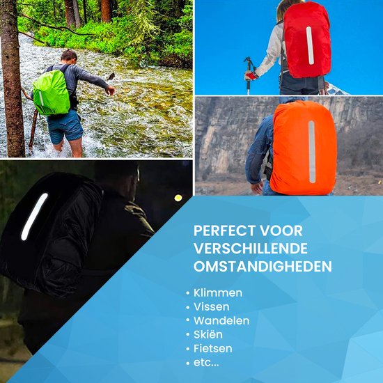 Meerdere foto's van oranje rugzakhoezen in gebruik in verschillende omstandigheden en landschappen.