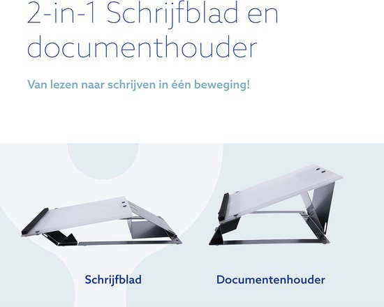 Twee documenthouders, één in schrijfpositie, één in leespositie.
