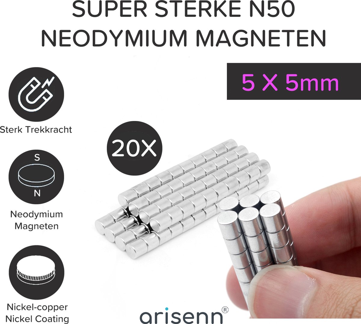 20 stuks Arisenn® N50 Neodymium Magnet 5x5mm - Sterkste Magneet op de Markt! - met 1.2kg houdkracht