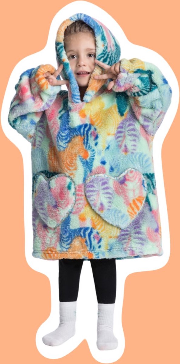 Zebra fleece hoodie deken met mouwen - fleece poncho voor kinderen – fleece plaid met mouwen - maat 98/128 – lengte 60 cm – warm & zacht – relax outfit kids – multicolor - Badrock — cadeau in Wonen & Interieur - foto 6