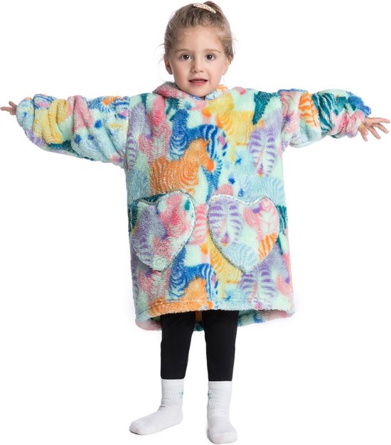 Zebra fleece hoodie deken met mouwen - fleece poncho voor kinderen – fleece plaid met mouwen - kids 3/7 jaar – maat 98/128 – lengte 60 cm – warm & zacht – relax outfit kids – multicolor - Badrock
