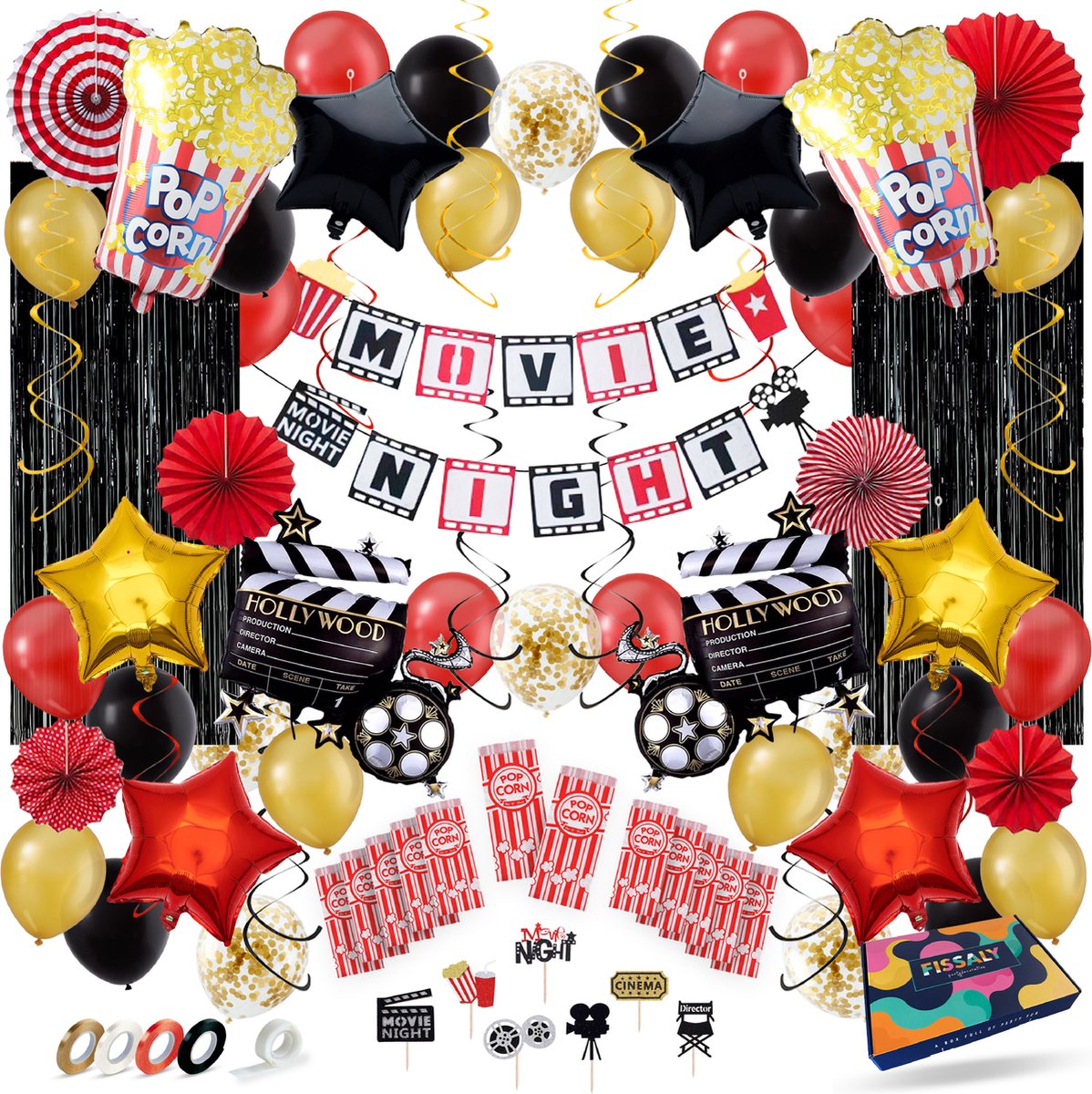 Fissaly 87 Stuks Filmavond & Bioscoop Feest Versiering – Popcorn & Movie Night Decoratie – Film Avond Themafeest - Ballonnen - Verjaardag Feestje - Fissaly