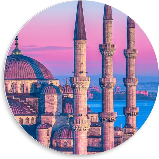 PVC Schuimplaat Muurcirkel - Sultan Ahmetmoskee in Istanbul met Roze Blauwe Lucht - 50x50 cm Foto op Muurcirkel (met ophangsysteem)