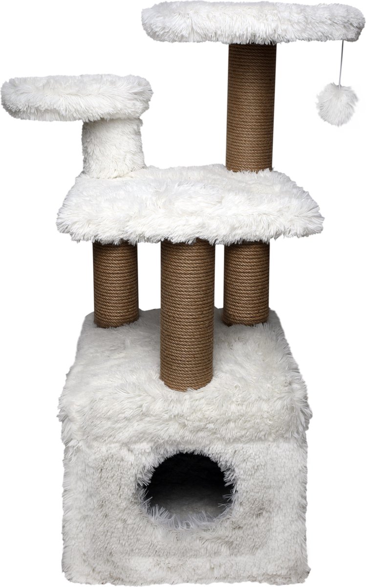 Topmast Krabpaal Fluffy Isola - Wit - 52 x 67 x 100 cm - Made in EU - Krabpaal voor Katten - Met Kattenhuis - Sterk Sisal Touw