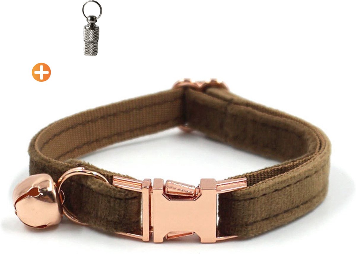 ACE Pets Kattenhalsband met belletje – Halsband Kat & Kitten - Kittenhalsband & Kattenbandje - Kattenbelletje - Pluche velvet - Donkerbruin