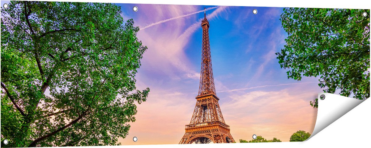 Gards Tuinposter Eiffeltoren in Parijs aan het Water - Kleur - 150x50 cm - Tuindoek - Tuindecoratie - Wanddecoratie buiten - Tuinschilderij Multikleur
